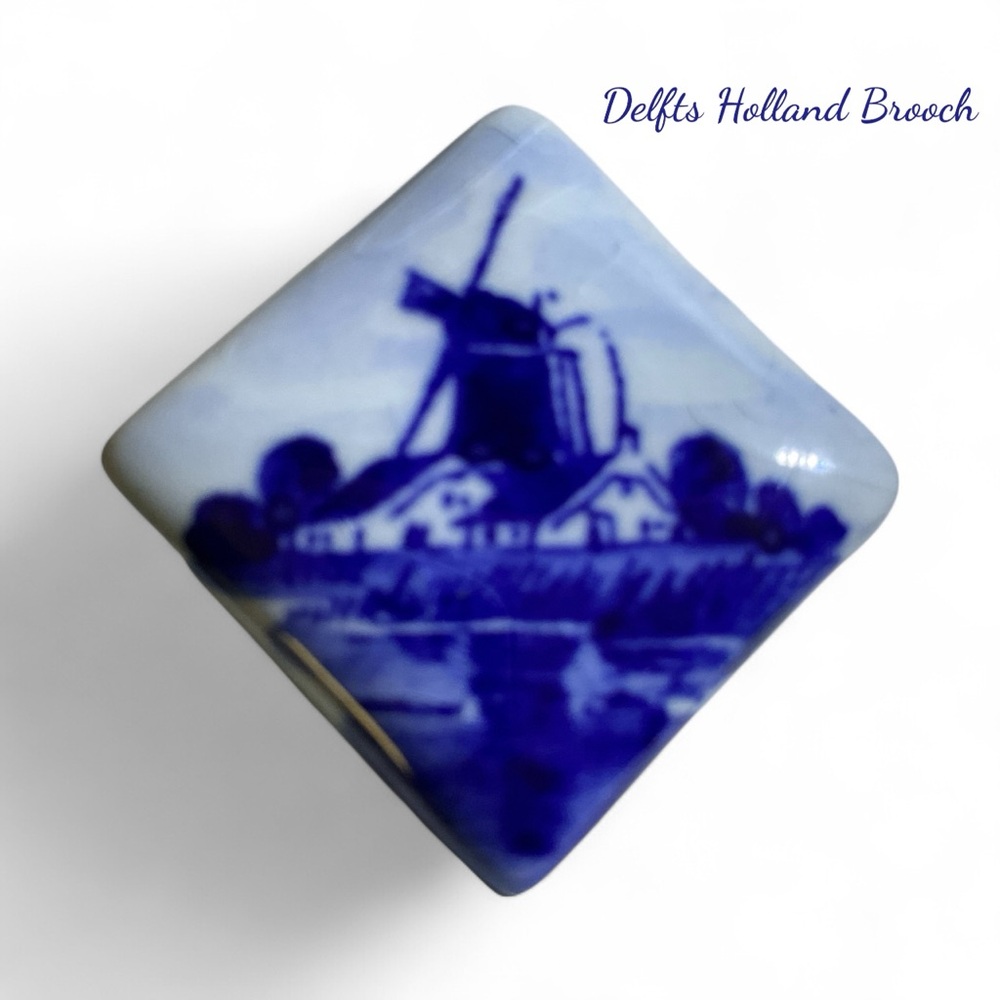Delfts Holland Ceramic Windmill Brooch Pin Vintage 1” Square